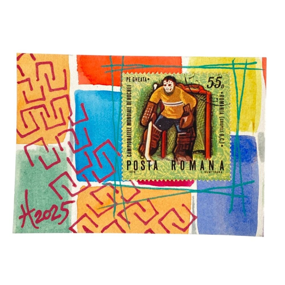 ACEO Original Art Watercolor 1970 Romania Ice Hockey Goalie Postage Stamp ATC